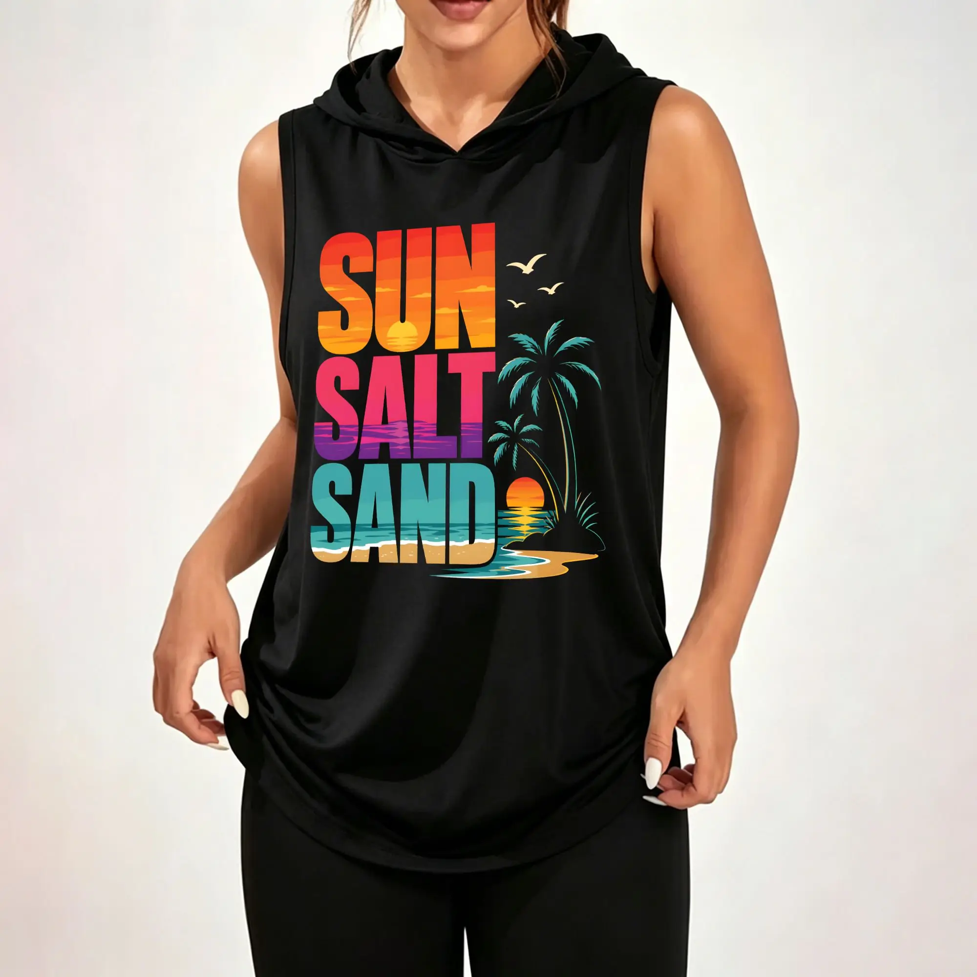 Women's Sleeveless Hoodie, Sun Salt Sand Tropical Beach Palm Tree Sunset Retro Graphic Print Casual Hooded Tank Top