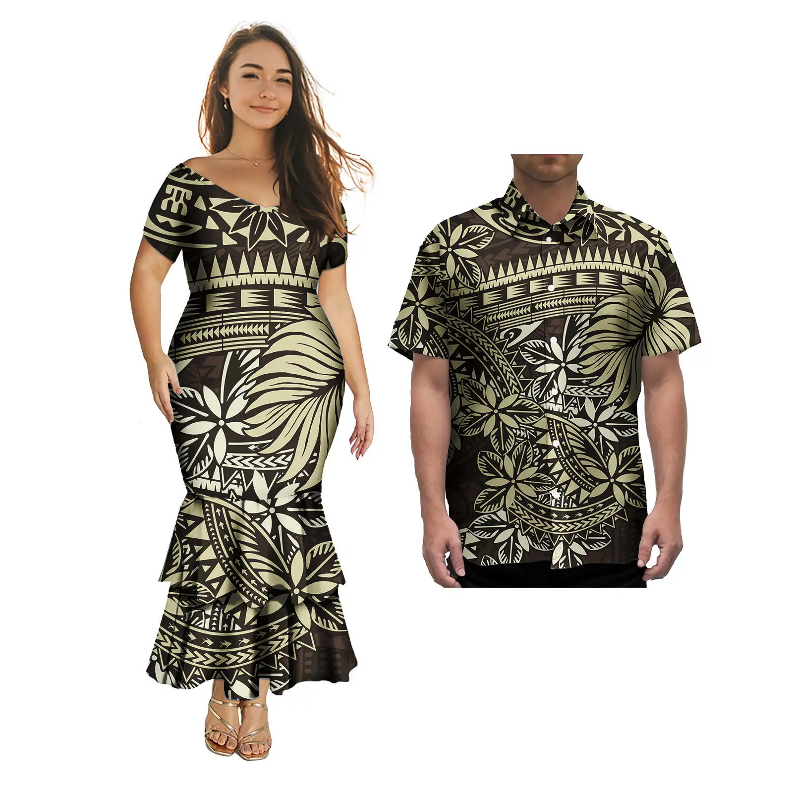 Couple Outfit Sets Ladies Evening Dresses Polynesian Pattern Design Classic Mens Hawaiian Shirts Match Women Plus Size Bodycon
