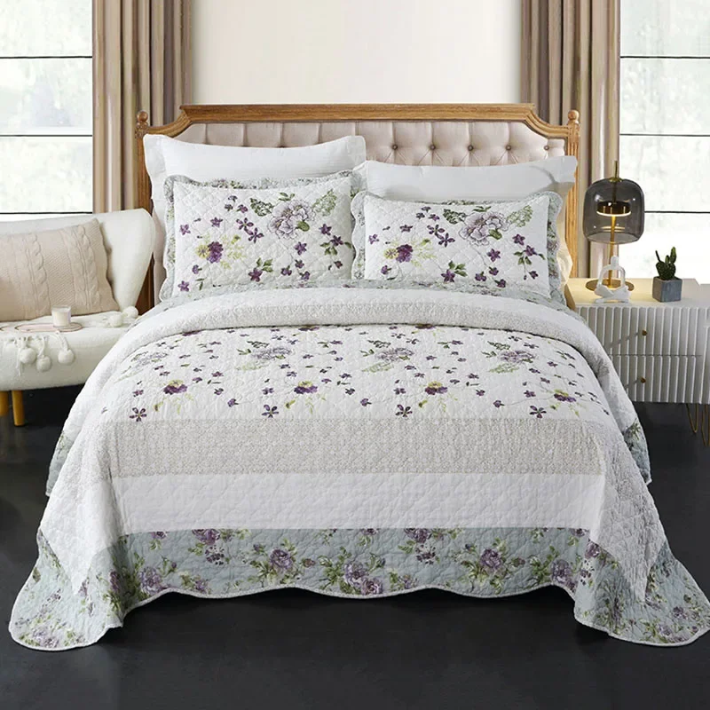King Size Cotton Embroidered Quilt Set 3pcs Summer Comforter Bedspread Quilted Coverlet Blanket for Double Bed Home Decor