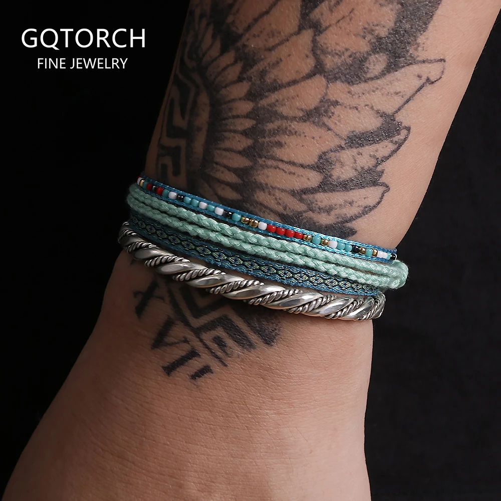 

4 шт./компл., браслет-манжета из чистого серебра 999 пробы, браслет в стиле бохо, этнический стиль, многослойная тканая веревка, штабелируемые браслеты, ювелирные изделия в стиле ретро