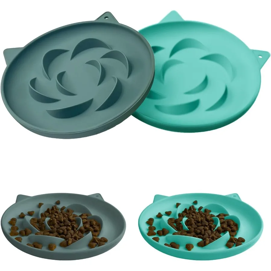 Cuenco para gatos con alimentador lento, 2 paquetes, cuenco duradero antiagulpes para comida para gatos para una digestión saludable, fácil de limpiar para alimentos secos y húmedos, verde + cian