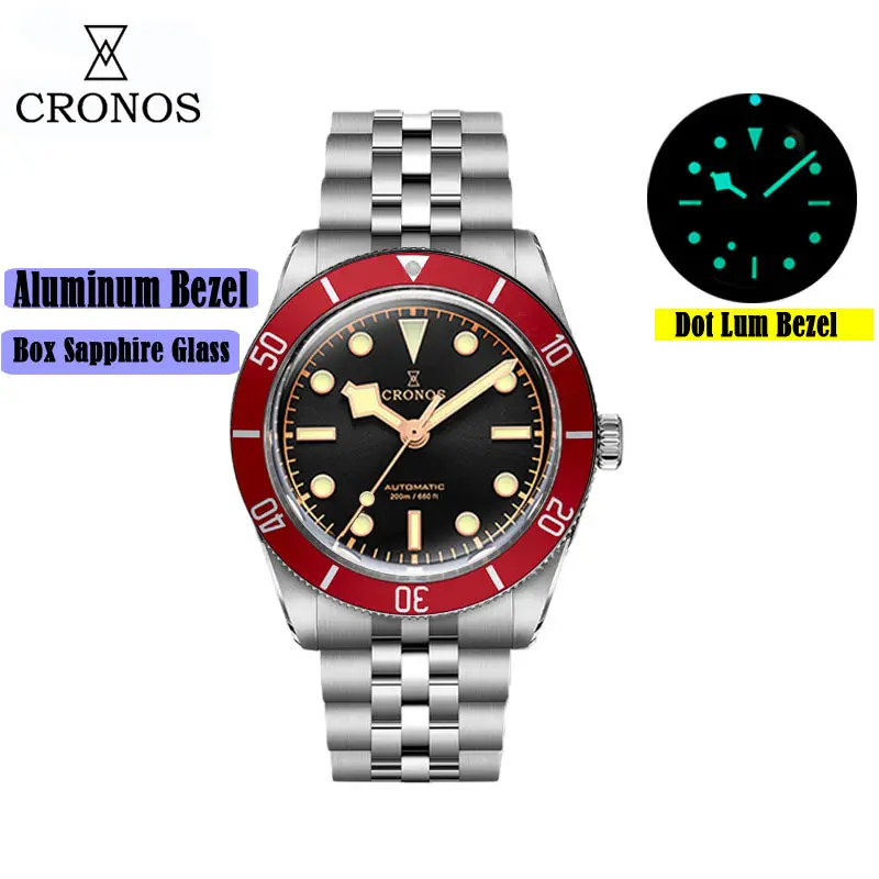 CRONOS Men Automatic Watch 39mm Mechanical Wristwatch Luminous Diver 200m Waterproof Sapphire Aluminium Bezel PT5000 Miyota 9015