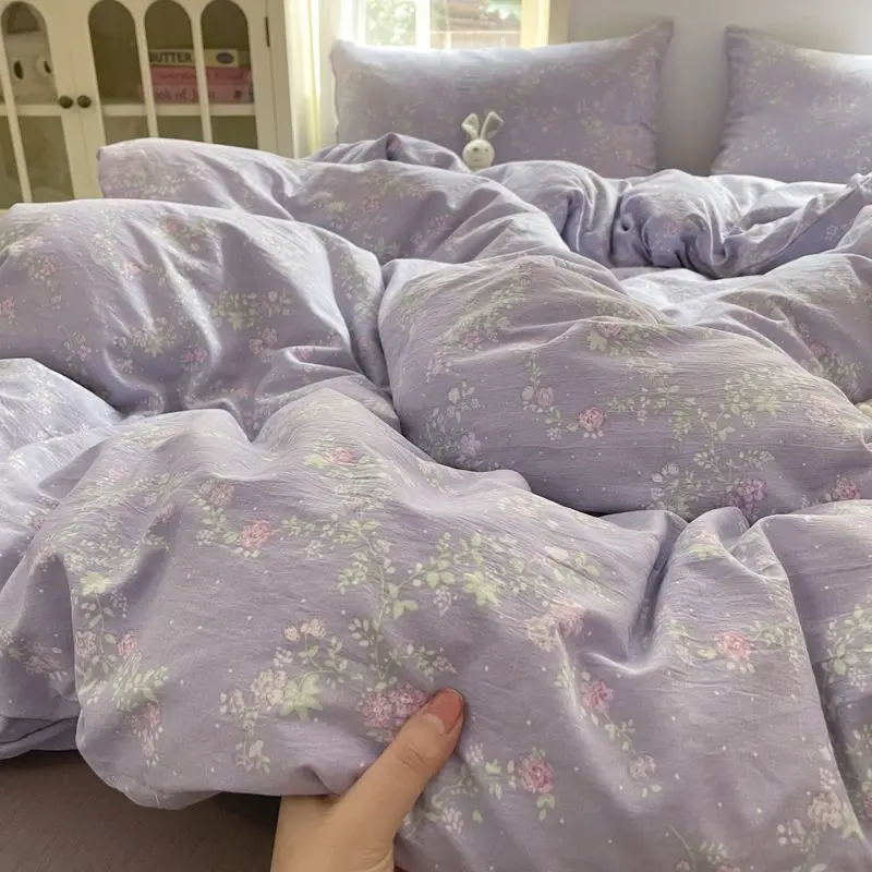 Ins Floral Bedding Set Purple Girls Favorite Double Full Single Size Duvet Cover Flat Sheet Pillowcases No Filler Bed Decor
