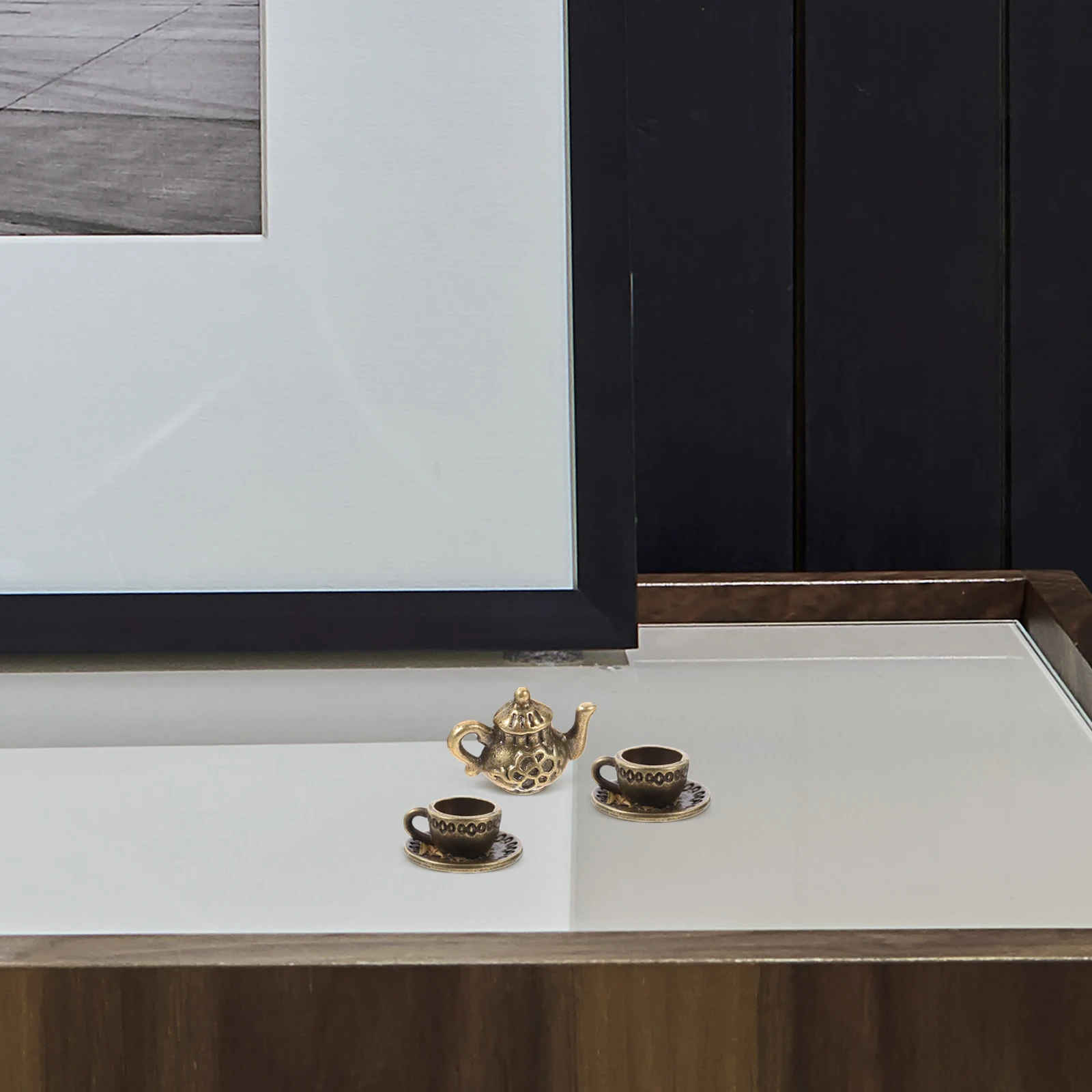 

Cream Mini Metal Teapot Dollhouse Miniature Cups Artificial Miniatures Brown Mugs