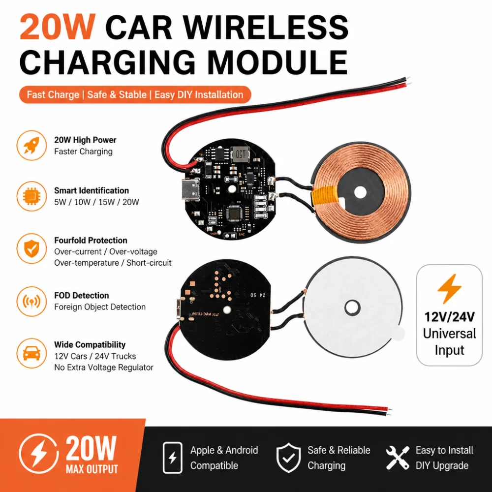 20W High-Power In-Car Wireless Charging Module, 12V/24V Wireless Charging Mainboard for Smartphones, Apple Pop-up Notification