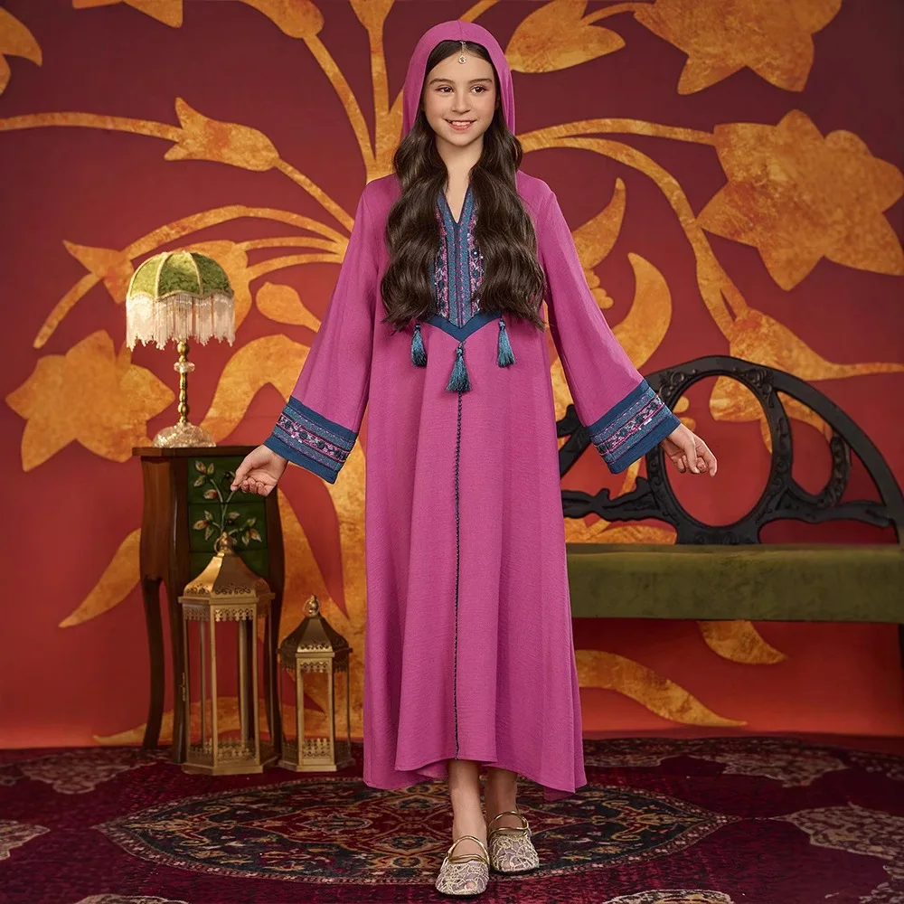 

Марокканское мусульманское детское платье макси с капюшоном и вышивкой для девочек, халат Рамадан, Ид Джеллаба, исламская детская одежда, арабская Абая, Турция