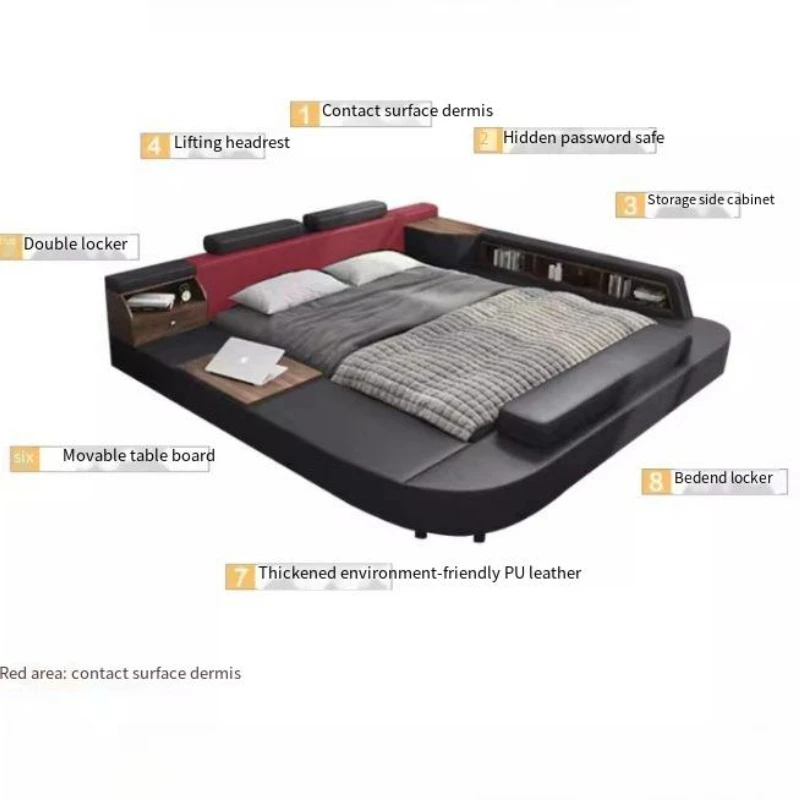 180x200cm Tatami Bed Leather Modern Frame Master Double 2 People Bed Headboard Luxury Multifunctional Storage Bedroom Furniture