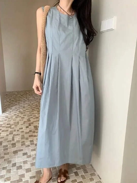 Chic Summer Korean Style Minimalist round Neck Pleated Loose Casual Vacation Sleeveless Vest Dress Women's Fashion Casual Wear