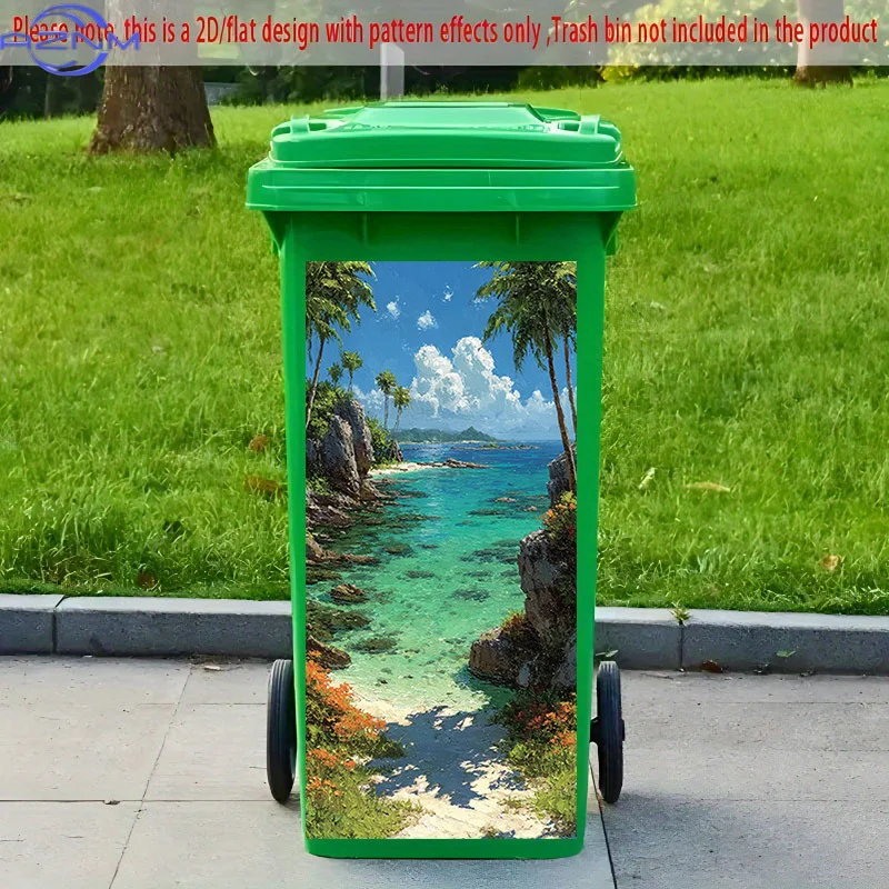 2D Flat Printing 1pc 2D Pattern Printed Kitchen Trash Can Sticker xcm, Beautiful Scenery of Blue Sea and Coconut Grove Theme K