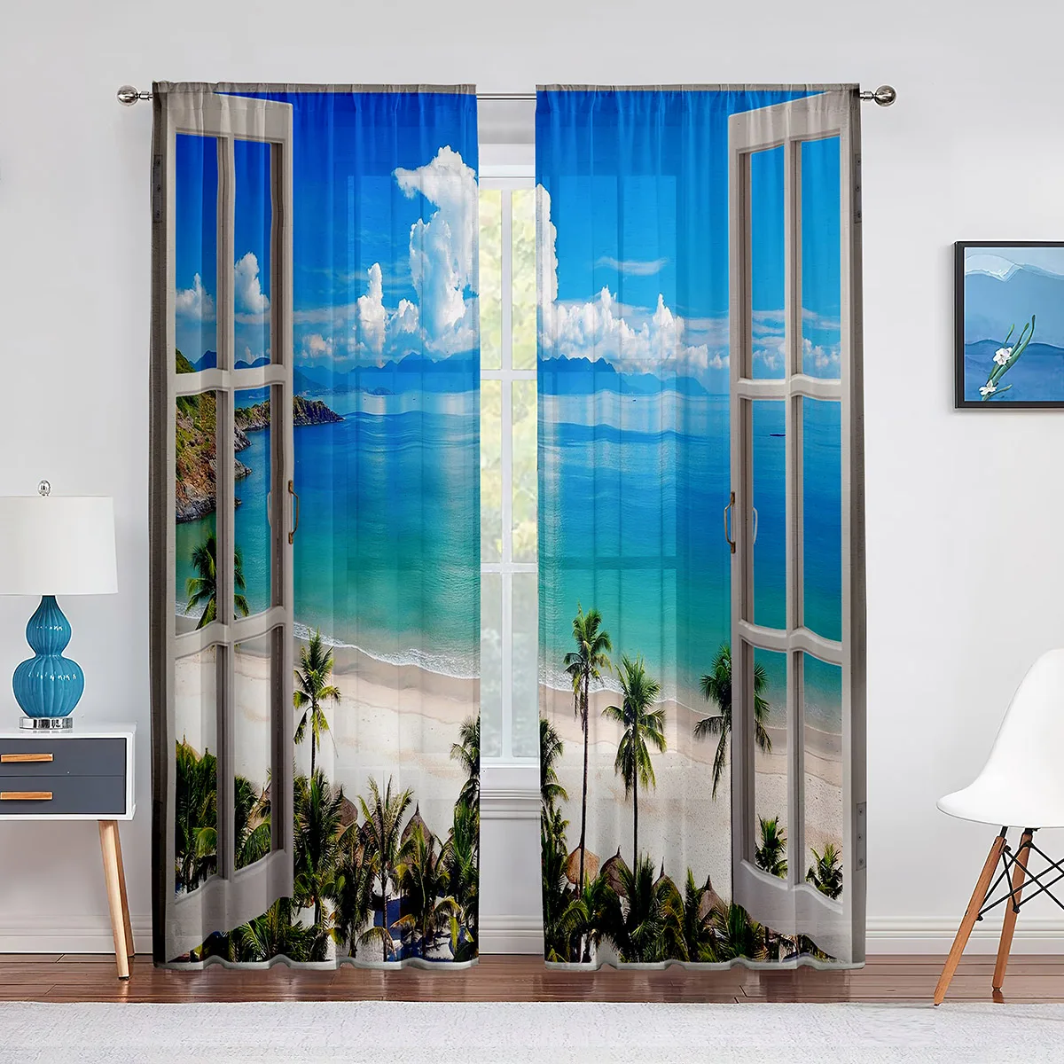 2 Panel Beach Sea Ocean Landscape Windows Scenery Curtains for Living Room Kitchen Blinds Windows Curtains for Bedroom Decor