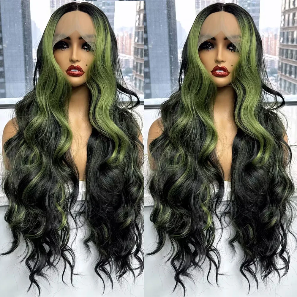 13X4 الاصطناعية غلويليس الدانتيل الجبهة الباروكات للنساء الملونة تسليط الضوء على الجسم الأخضر موجة 13X6 HD الدانتيل الباروكات الأمامية مع شعر الطفل