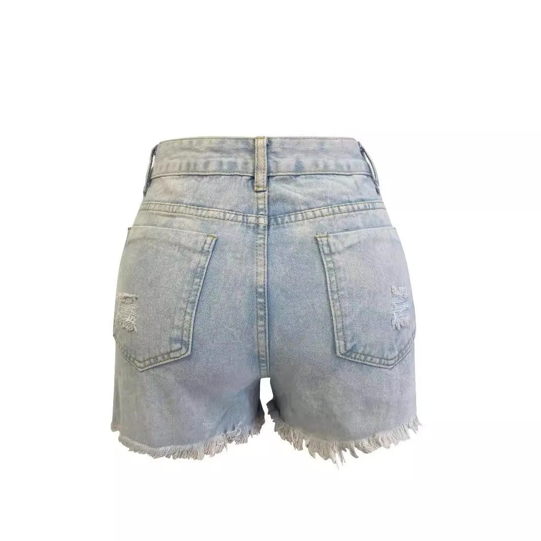 Denim Shorts Woman Streetwear High Waisted Side Double Zipper 2025 Summer Wide Leg Slim Fit with Ripped Holes Jean Half Pants