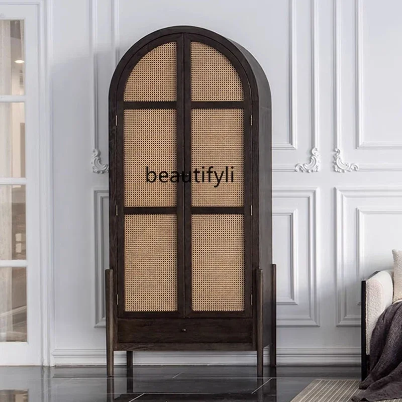 

American Retro Solid Wood Arch Bookcase Living Room Rattan Door Curio Cabinet Double Door Dining Side Storage Cabinet