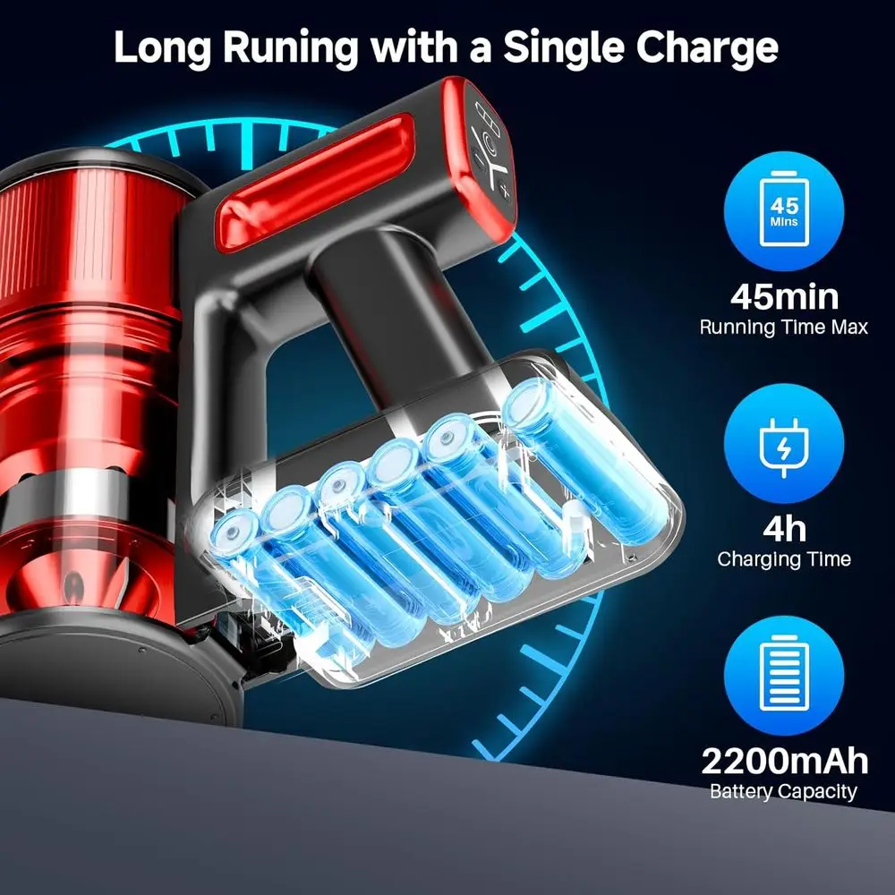Lightweight 8-in-1 Cordless Vacuum Cleaner, 45 Mins Battery, Strong Suction, Anti-Tangle, Ideal for Pet Hair on Hard Floors and