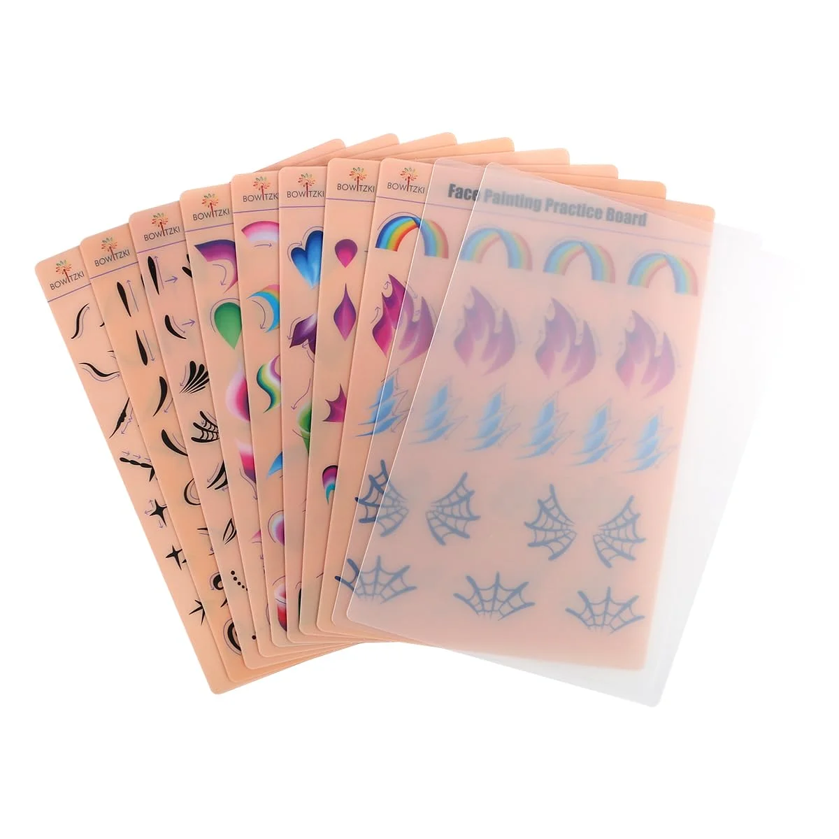 แผ่นฝึกวาดหน้าโบวิทซกี้ 10 ชิ้น, แผ่นฝึกวาดหน้าสีสันสดใสแบบนำกลับมาใช้ใหม่, แบบฝึกหัดการแต่งหน้าและวาดภาพ ขนาด A4