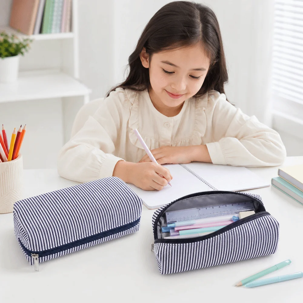 New Stripe Pattern Pen Pouch Multi-Purpose Large Capacity Pencil Case Zipper Closure Durable Makeup Pouch School Supplies