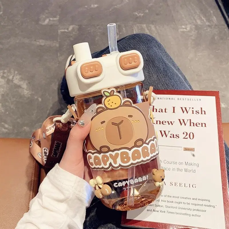 Image of Cartoon-Kawaii-Kapibara-Trinkflasche mit Tragegurten und Trinkhalmen, eine Flasche für Schule und Festivals für Kinder, zurück zur Schule