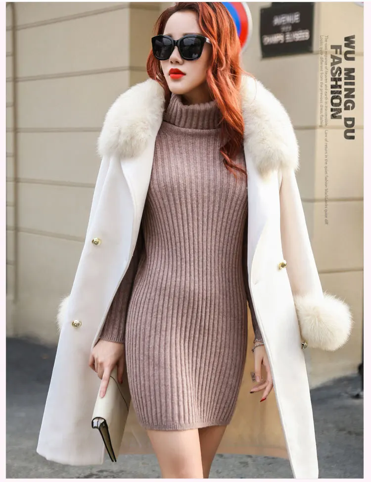 2024 Woolen coat for women in winter new slim fit, large fur collar, elongated and thickened woolen coat