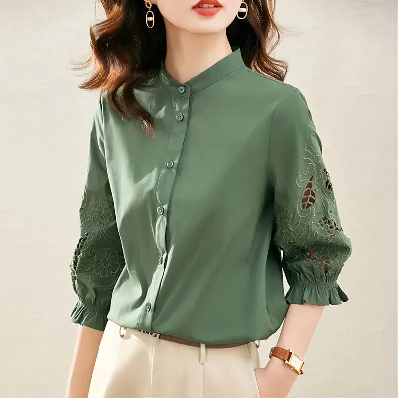 Elegant Hollow Out Stylish Embroidery Shirt Commute Single-breasted Female Clothing Stand Collar Spring Summer 3/4 Sleeve Blouse