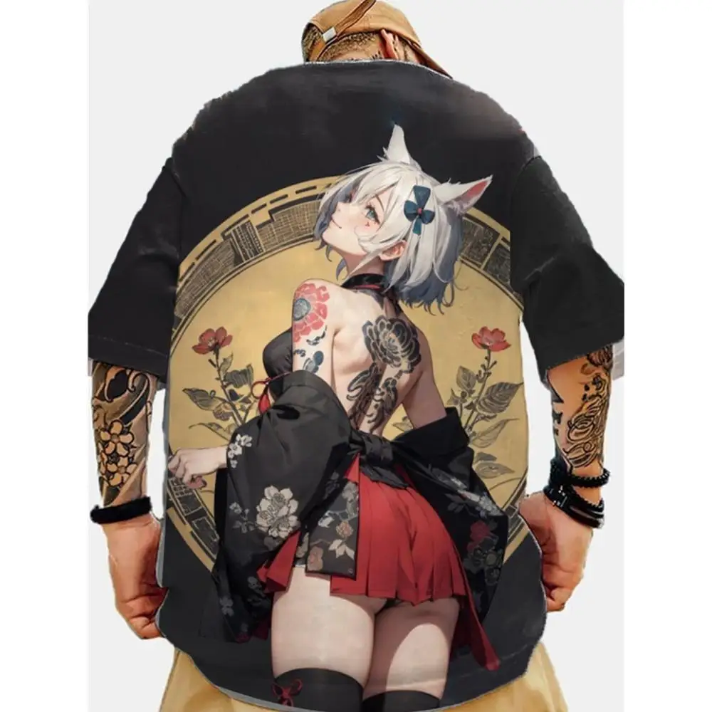 Anime Character Pattern T shirt For Men 3D Sexy Beauty Print Harajuku Style T-shirt Oversized Short sleeve Crew Neck Top Y2k Tee