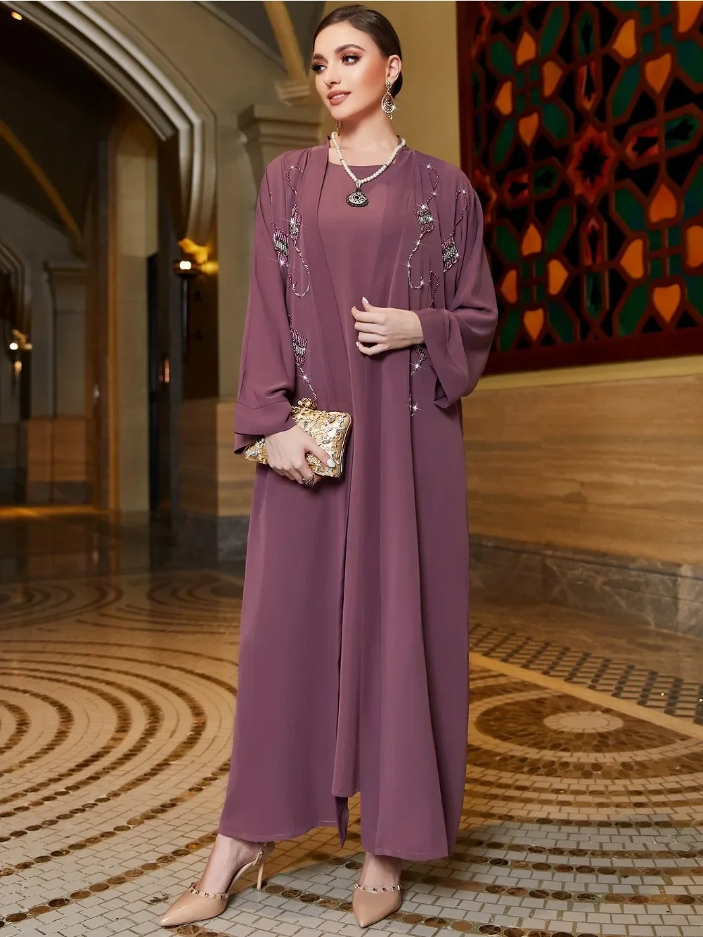 Autumn Muslim Party Dress for Women Abaya 2 Piece Set Diamond Jalabiya Ramadan Long Dresses Woman Lace-up Vestidos Robe 2023