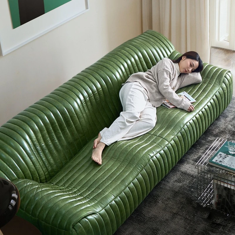 

Medieval wave sofa retro oil wax all leather green living room retro designer straight row sofa
