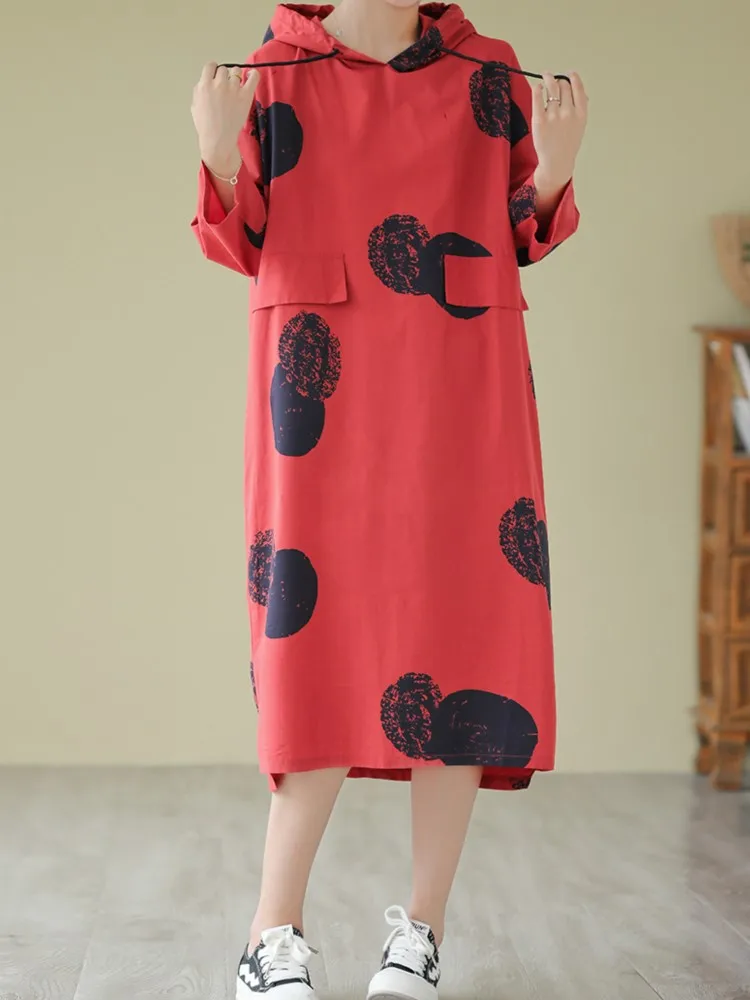 Oversized Autumn Hoodies Midi Dress Women Polka Dot Print Fashion Casual Loose Ladies Dresses Long Sleeve Woman Dress 2023