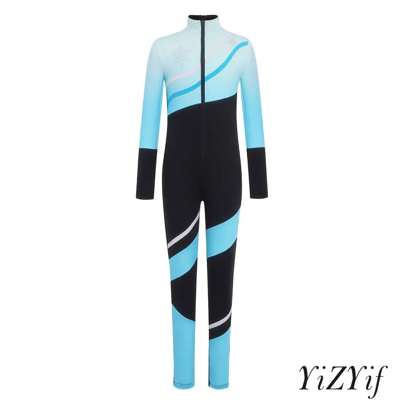 

Kids Boys Girls Figure Skating Jumpsuit Outfit Snowflake Color Block Stand Collar Long Sleeve Zipper Gymnastics Bodysuit Rompers