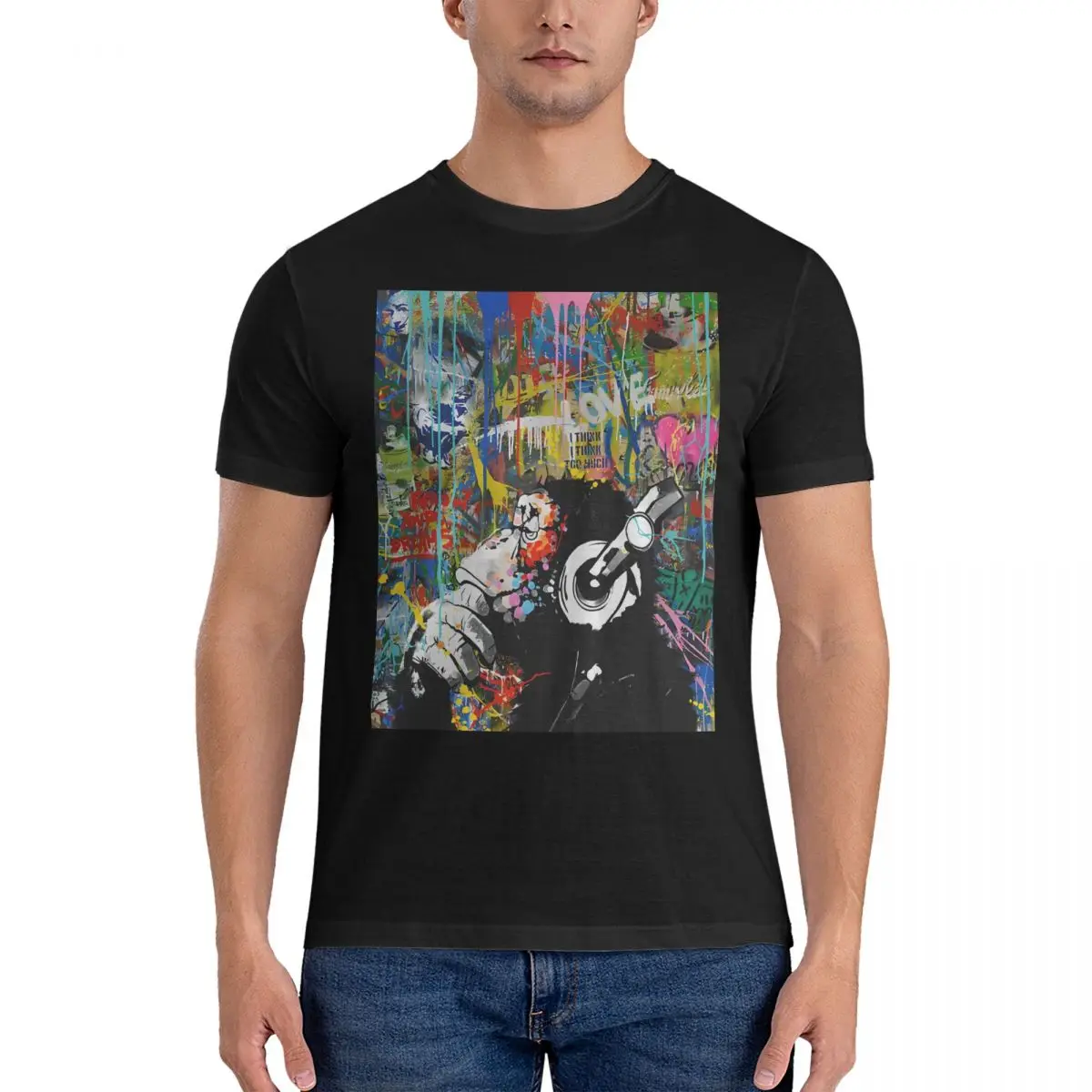 Monkey Thinker -Urban Contemporary Colorful Street Art - DJ Chimp Men's T Shirt Banksy Vintage Tees Short Sleeve Crewneck