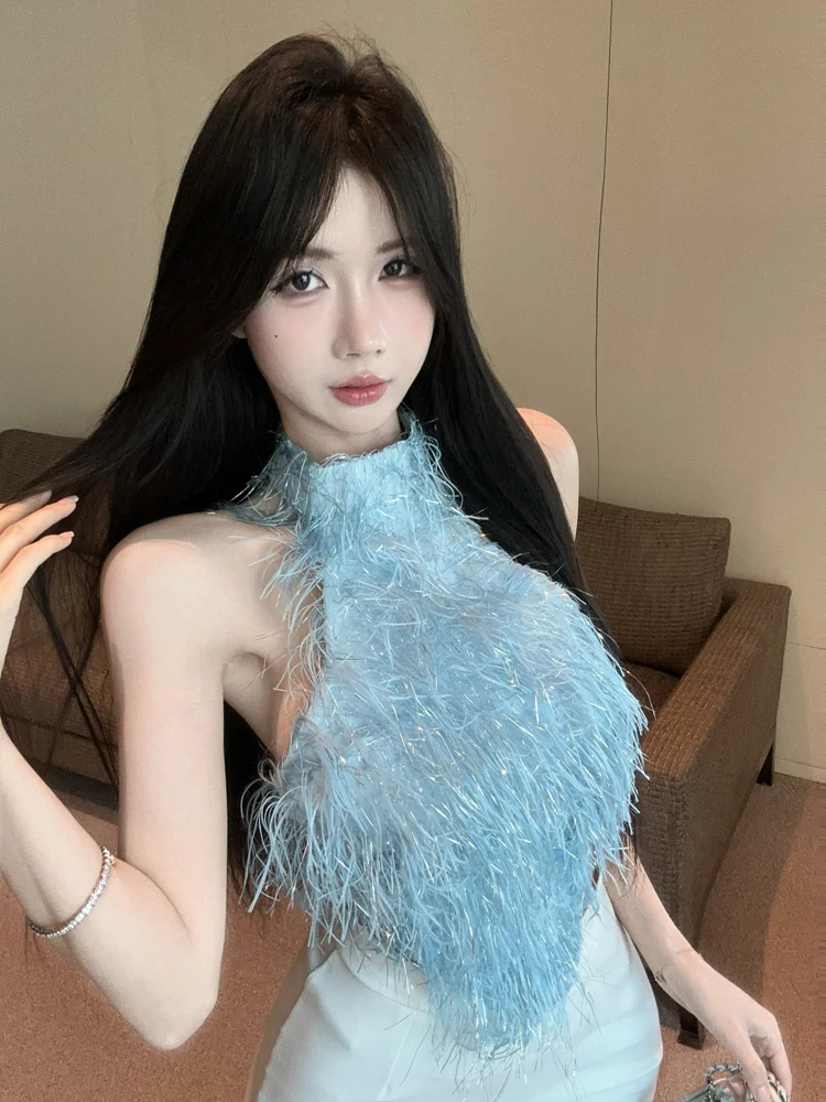 Sexy Pure Desire Sleeveless Furry Shiny Thread Hanging Neck Tube Top Slimming Backless Nightclub Dancing Top Women