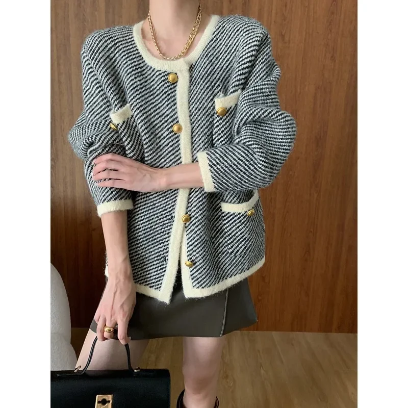 

Urban accent twill contrasting color knitted cardigan small fragrant style jacket 2024 early autumn new style