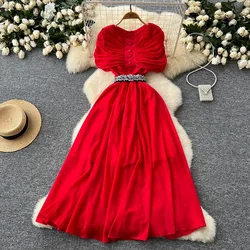 Vintage Turn-down Collar Elegant Chic Pleated Slim Sashes Button Sexy Dresses Korean Fashion Evening Party Women Summer Clothing