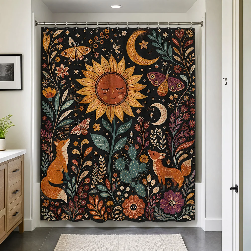Waterproof Bohemian Shower Curtain Boho Floral Sun Moon Forest Animals Jungle Tapestry Bathroom Decor Shower Liner