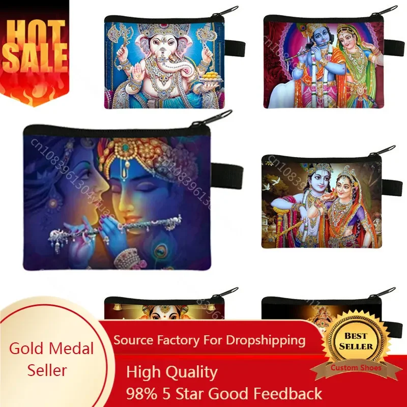 

Indian Gods Radha Krishna Print Coin Purse Ganesha Ganapati Money Coin Bag Elephant God Credit Card Holder Small Wallet Gift