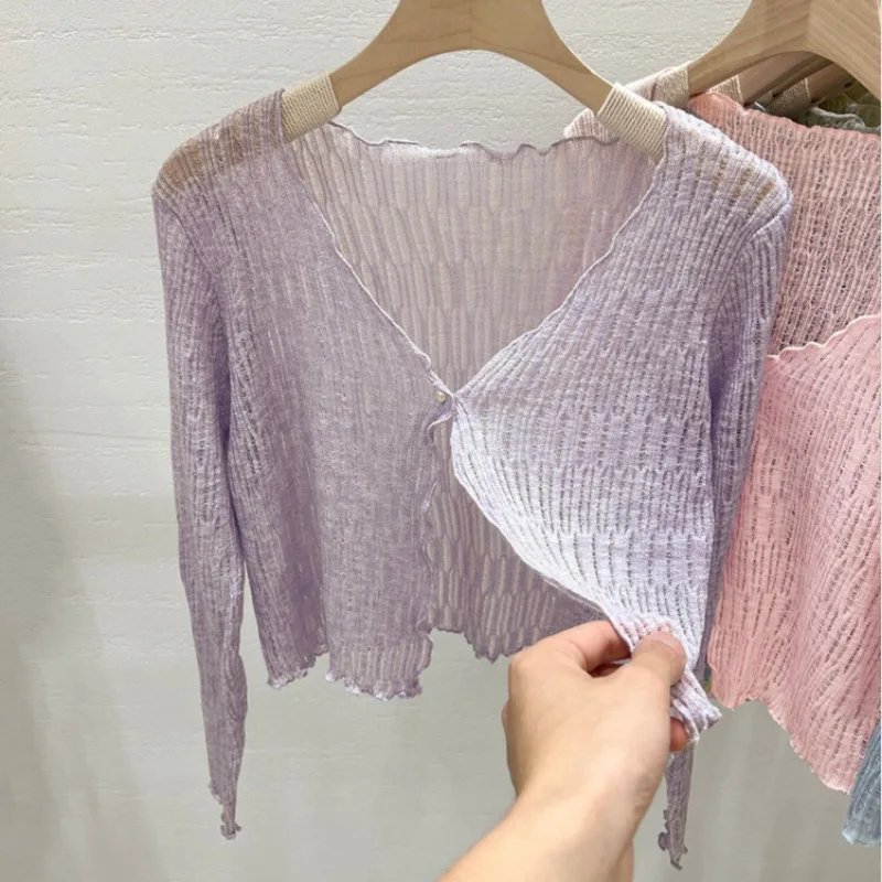 OCEANLOVE Sunscreen Short Cardigans Solid Transparent Solid Spring Summer Ruffles Women Sweaters Korean Fashion V Neck Knitwears