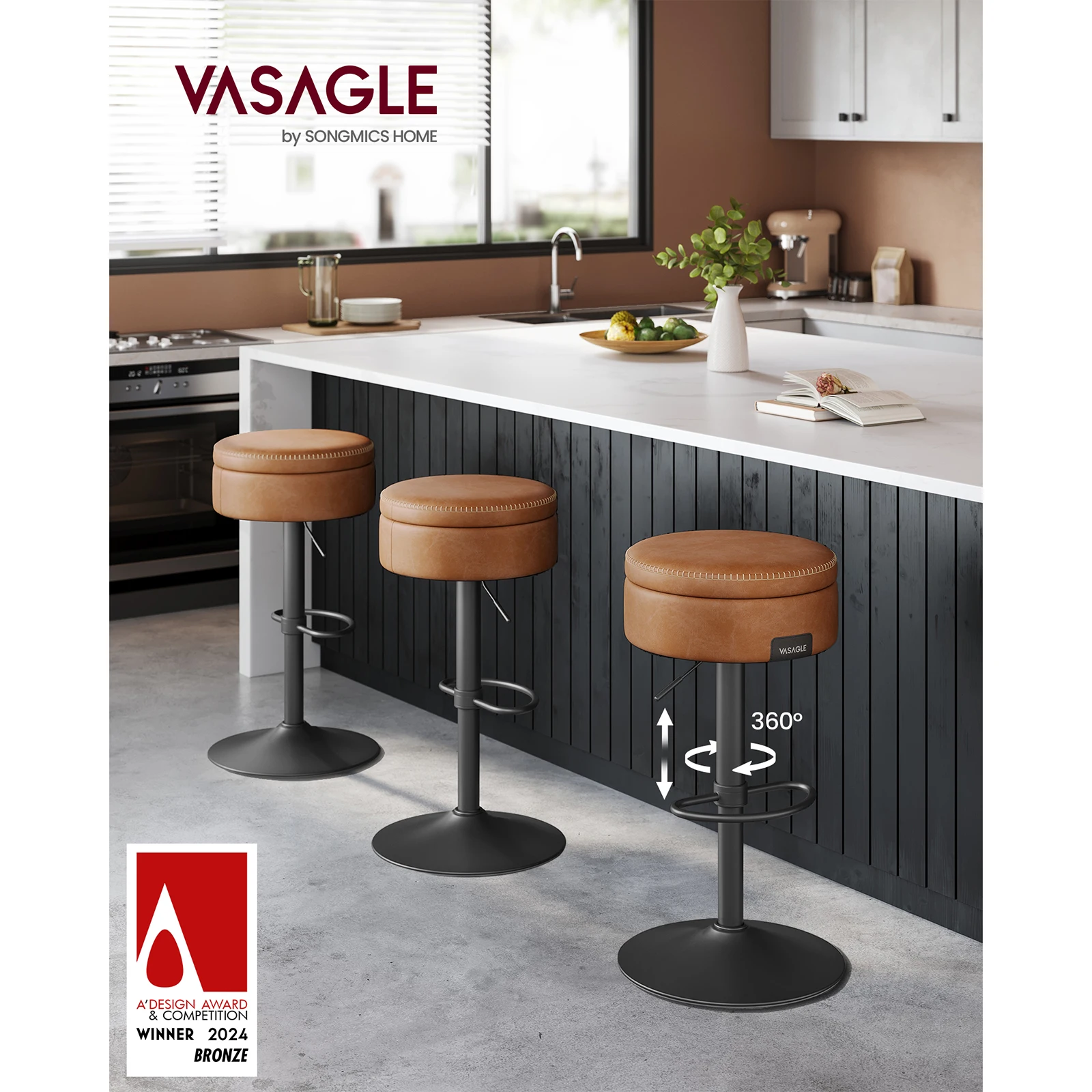 VASAGLE EKHO Collection - 360  Swivel Bar Stool, Height Adjustable Barstool with Storage, Synthetic Leather with Stitching