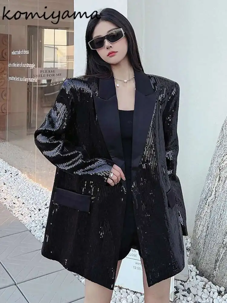 

Блестящие блестки 2025 Chaquetas De Mujer, куртка с воротником и длинными рукавами, осенне-зимние новые куртки, свободная верхняя одежда, женская одежда