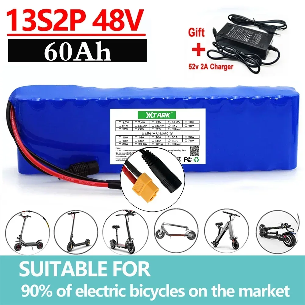 Batterie lithium-ion 48V, 60Ah, 2024 W, 13S2P, 1000 mAh, pour vélo et trottinette électrique, avec BMS intégré et chargeur,60000