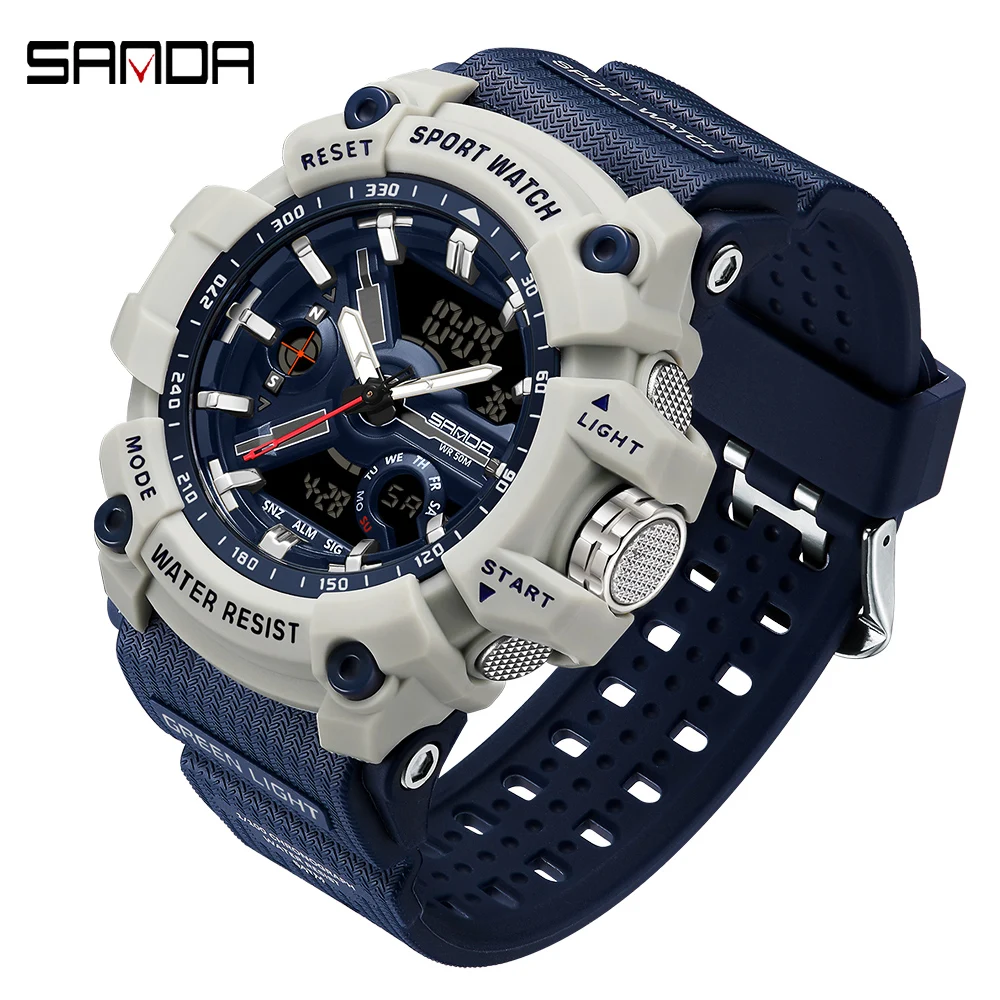 SANDA 3179 Men Watch Silicone Waterproof Quartz Digital Sports Watches for Man Double Display Alarm Date Wristwatches Mens