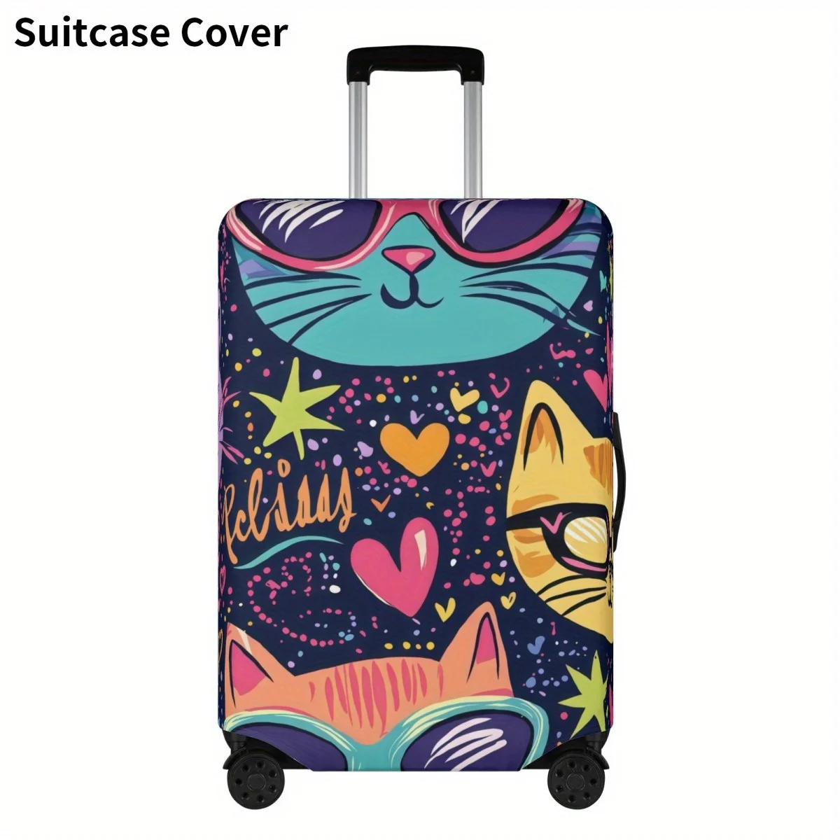 

1pc Cool Kitten Luggage Black with Colorful Cartoon Cats, Stars Hearts Design, Durable Polyester Suitcase Cover