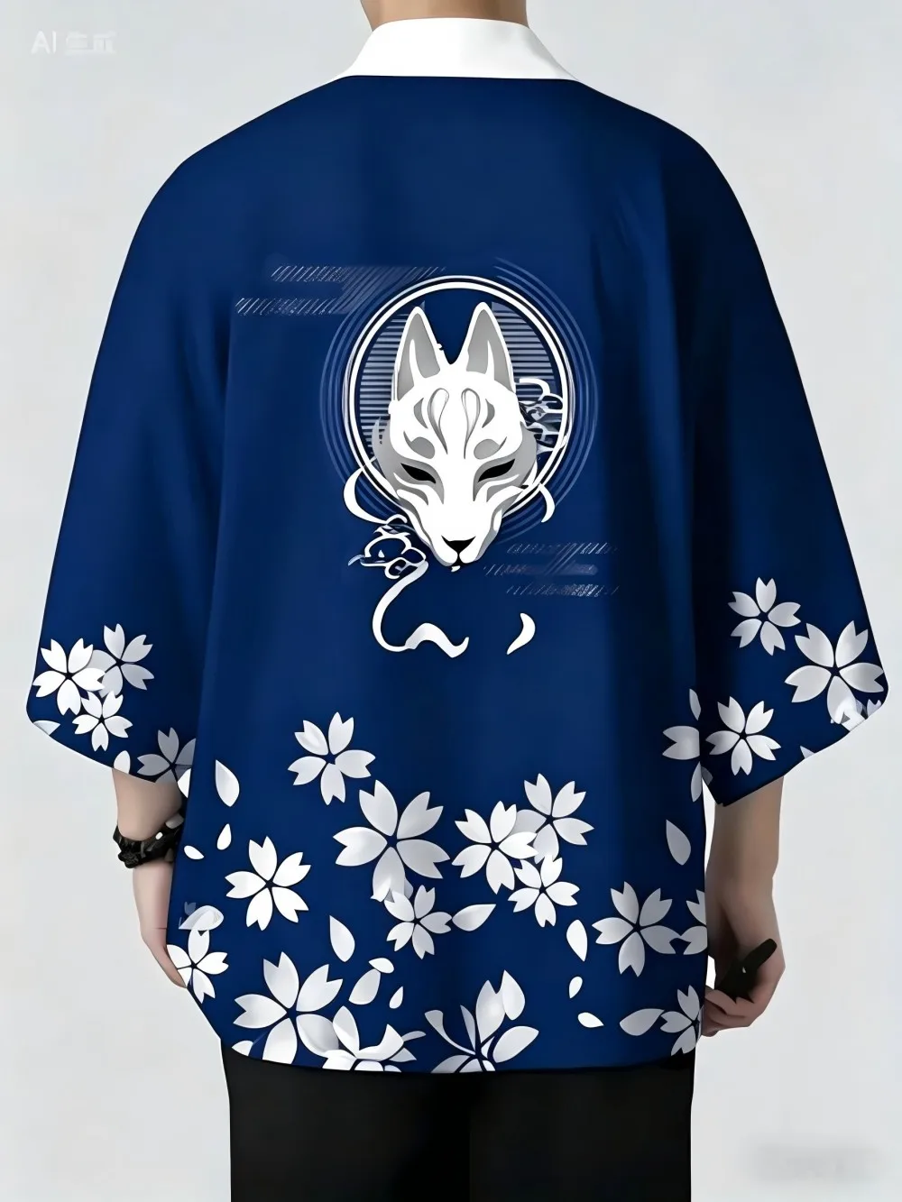 European and American men's summer fox cherry blossom print comfortable and breathable kimono outdoor casual traditional top