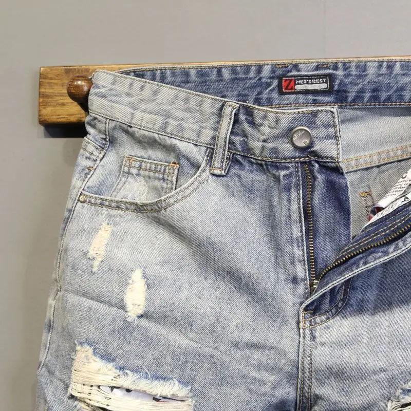 الأصلي صيف جديد الأزرق القط ويسكي التصحيح ضئيلة الدنيم السراويل الرجال العصرية الأزياء خمس نقاط السراويل ممزق هول رجل جينس قصير