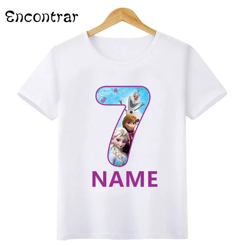 Camiseta com Estampa Number Bow Disney Princesa Elsa e Anna, Roupa Infantil, Tops de Aniversário Meninas, Baby Tops, Frozen, 1 ano, 2 anos, 3 anos, 4 anos, 5 anos, 6 anos, 7 anos, 8 anos, 9 anos