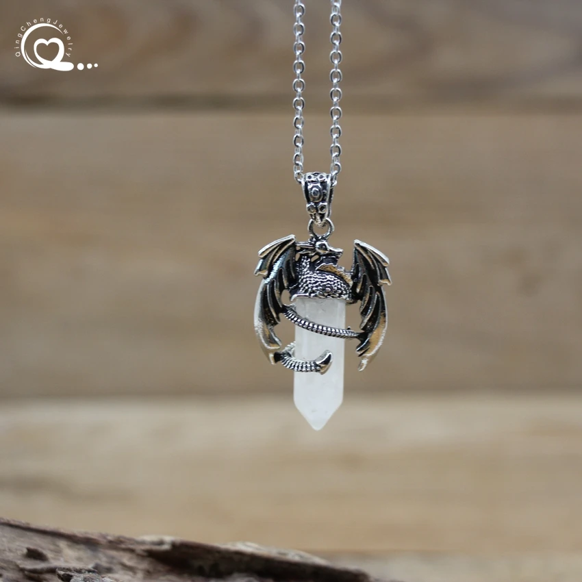 Natural Stone Dragon Pendant Stainless Steel Man Necklace Healing Crystal Quartz Hexagonal Lapis Animal Vintage Jewelry QC3359