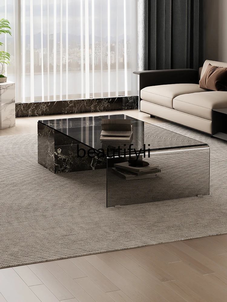 

Italian minimalist glass coffee table living room light luxury high sense retractable coffee table TV cabinet combination