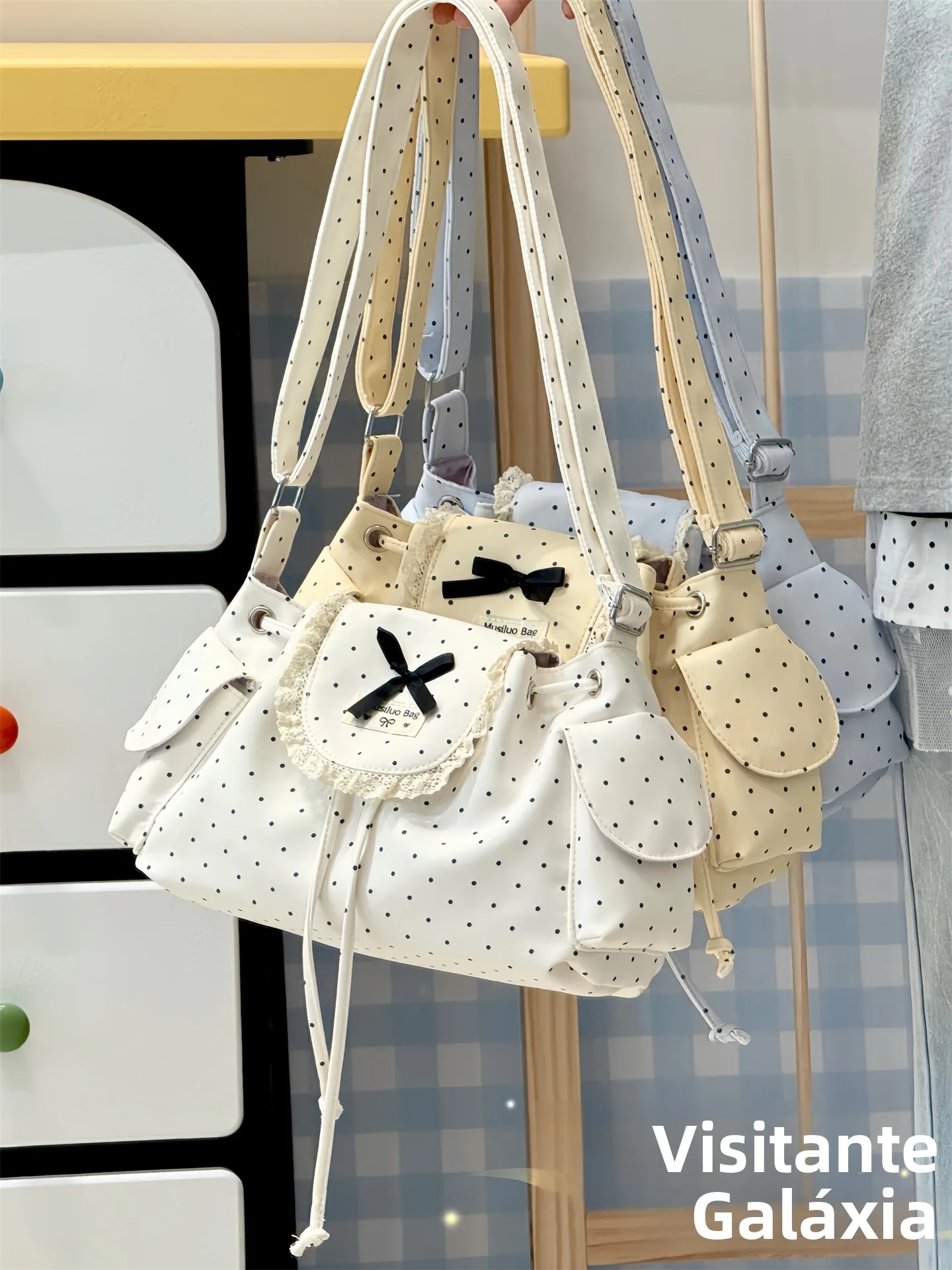 Bolsa de ombro Galaxy Visitor com estampa de bolinhas, casual, estilo de rua, bolsa feminina, linda bolsa crossbody para meni...