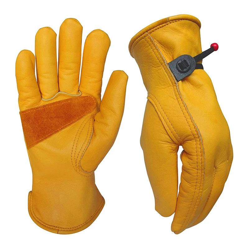 Security Protection Gloves Cowhide Leather Gardening Gloves With Reinforced Palm Stretchable Wrist Tough Working Glove For Wood
