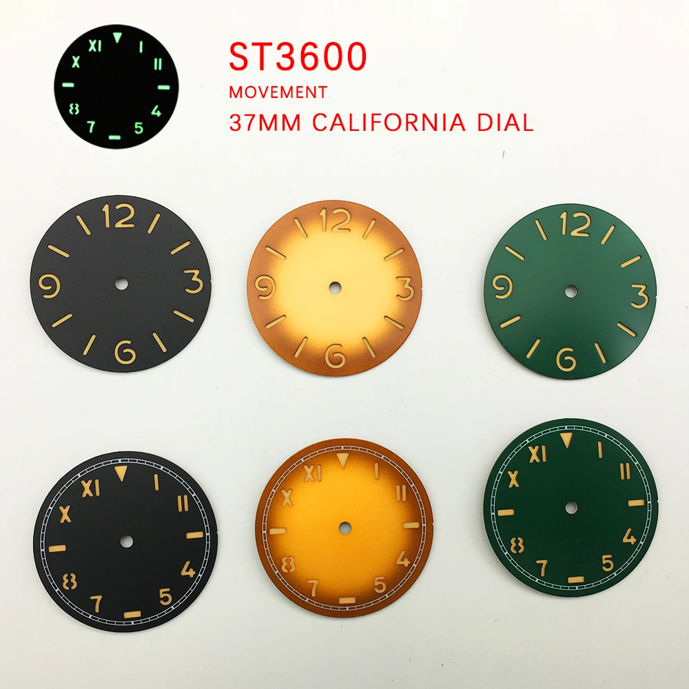 

Watch Parts 37mm California Manual Winding Watch Literally Extra Bright Green Luminous Aseptic Dial For ETA 6497 ST3600 Movement