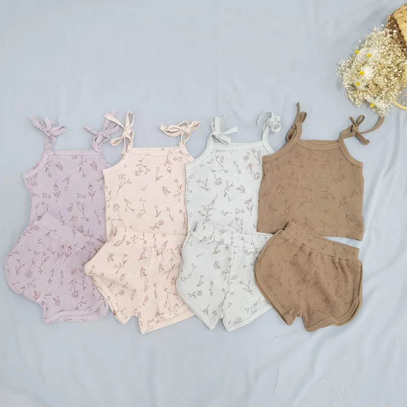 2025 Summer New Baby Girl Sleeveless Clothes Set Comfortable Waffle Cotton Baby Girl Outfits Vest + Shorts Kids Casual 2pcs Suit