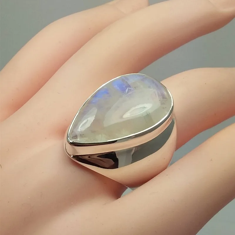 Buyee-anillo grande de Plata de Ley 925 para mujer y niña, anillo de piedra grande, pulido ligero, joyería fina